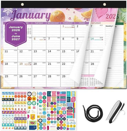 Ospelelf 12" x 17" Desk Calendar 2026-2027, 18 Month Magnetic Wall Calendar with Plastic Cover, Monthly Desktop Calendar Planner for Family Office, Use Jan 2026 - June 2027, Fruits