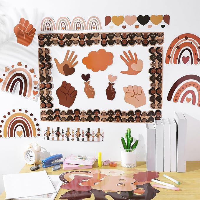 Mooliwe Black History Bulletin Board Decorations Set Diversity Black History Month Borders Cutouts for Classroom Chalkboard Wall Door Decor African American Holiday Party Supplies(Boho Style)