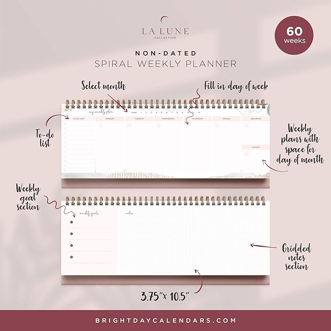 Pink Abstract Non-Dated Spiral Weekly Desk Calendar Planner, 60 Week Inspirational To Do List Pad Desktop Stand, 3.75" x 10.5", La Lune Collection by Bright Day