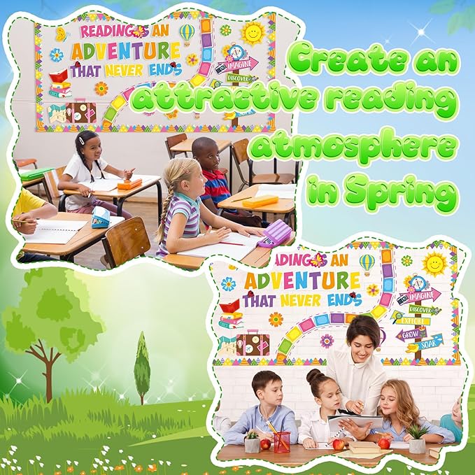 Honoson 55 Pcs Spring Bulletin Boards Reading is an Adventure Bulletin Boards Colorful Floral Cutouts Decors for Apirl Spring Back to School Library Home Chalkboard Wall Decoration (Book)