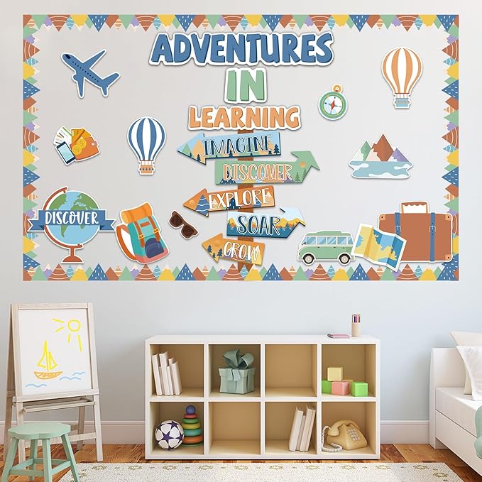 Adventures in Learn Bulletin Board Set Let The Adventure Begin Moving Mountains Classroom Decorations Travel Theme Bulletin Board Let's Explore Voyage Motivational Paper Cutouts for Classroom Decor