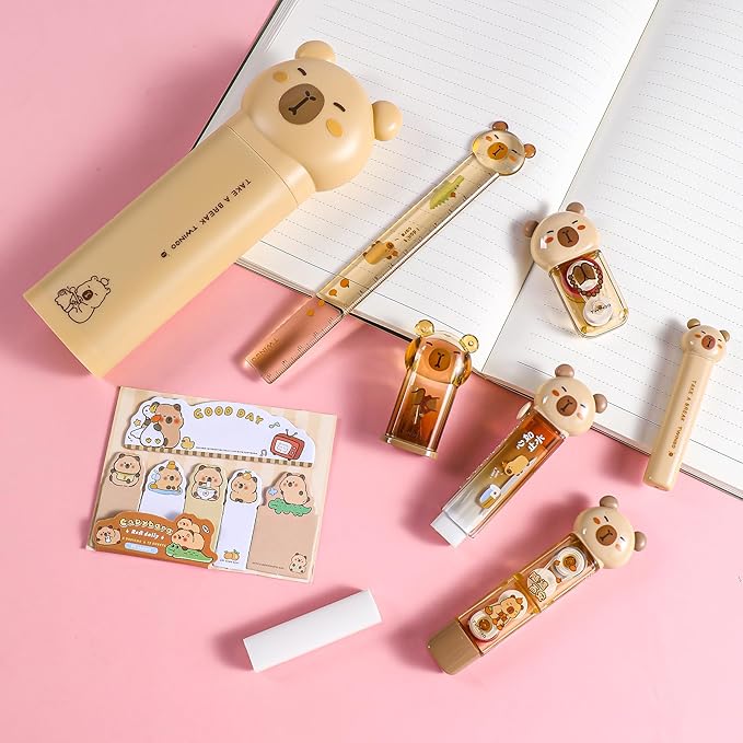 9 Pcs Cute Capybara Stationary Set Kawaii School Supplies Japanese Stationery, Includes Pencil Sharpener, Eraser, Correction Tape, Glue Tape, Sticky Notes, Ruler, Scissors for Office School Supplies