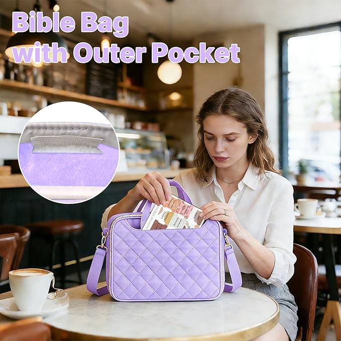 PUGPIU Bible Cover Case for Women, Large Quilted Bible Bag with Shoulder Strap and Handle, Bible Study Supplies Journaling Kit with Highlighters Pens No Bleed Tabs Notebook Cross Clips (Light Purple)