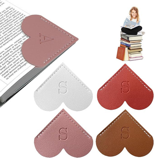 4Pcs Personalized Leather Heart Bookmark with Initial, 26 Letters Custom Corner Page Book Mark for Reading Women, Book Lovers, Teachers, Students, Book Accessories(White+Red+Dark Pink+Dark Brown, S)