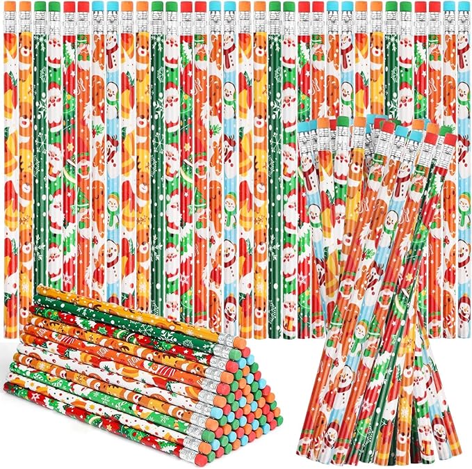 SULOLI 64 Pcs Christmas Pencils with Eraser, Xmas Themed Pencil with Santa Claus, Elk, Christmas Tree and Snowflake for Children Christmas Party Supplies(8 Styles)