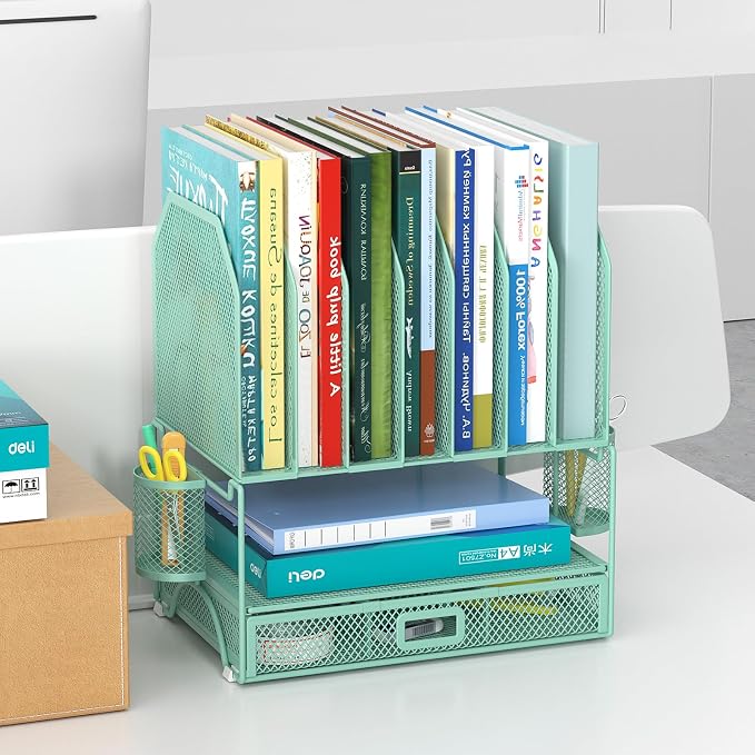 FANXIYQ Metal Desk Organizer with Sliding Drawer, 7-Section File Organizer for Desk, Desktop File Folder & Paper Organizer with 2 Hanging Pen Holders, Office Supplies Organizer, Green