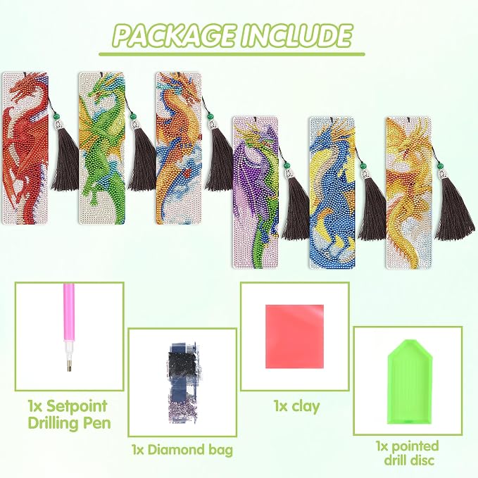 6 Pcs Dragon Diamond Art Bookmarks with Tassels, DIY Diamond Painting Bookmarks Kit for Adults Beginners and Kids, Fantasy Dragon Bookmark Making Kit with Pen Wax Tray Tools
