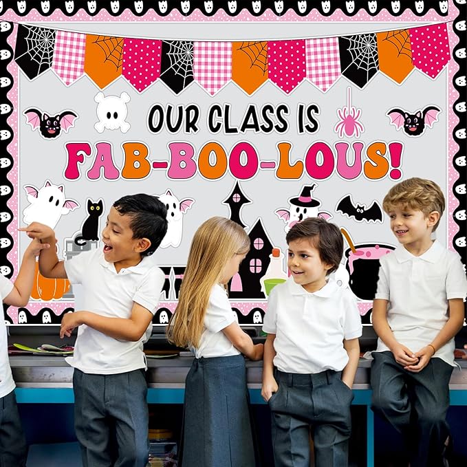 Halloween Classroom Bulletin Board Decoration Halloween Ghost Bulletin Board Set Decor Pink Black Ghost Boo Spider Cutouts Bat Castle Classroom Decoration for School Home Wall Party Decor