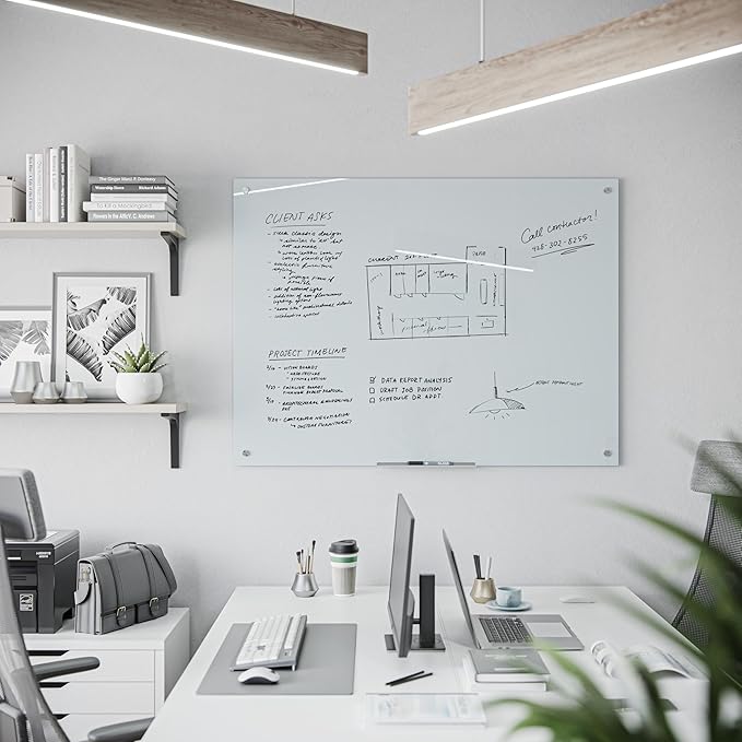 U Brands Glass Whiteboard 36" x 48", Frameless White Frosted Dry Erase Board, Wall Mounted for Office, Home, and Classroom, Includes Marker