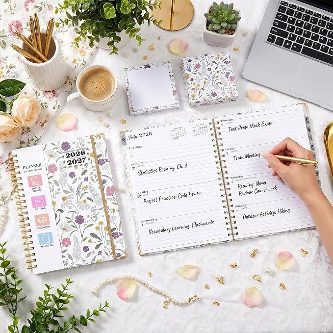 Planner 2026-2027, Weekly and Monthly Academic Planner, Jul 2026 - Jul 2027, 8.5"x11" Large Hardcover Daily Planner Calendar with Tabs for Women, Year Planning Agenda for Teacher and Student (Flowers-1)