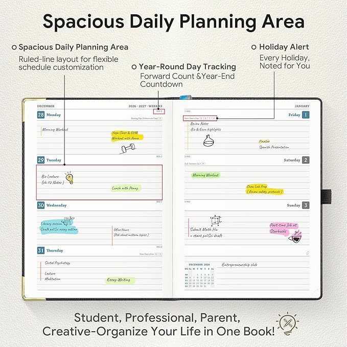 Planner 2026-2027 Weekly & Monthly Planner, 18 Month Academic Calendar July 2026 – Dec 2027, Horizontal Layout with Monthly Tabs, Hardcover Business Agenda Organizer, Black