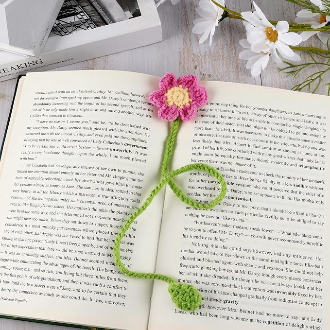 Crochet Bookmarks for Women Girls Kids Knitted Pink Flower Book Mark for Book Lovers Coworker Bookish Birthday Graduation Gift for Her Him Unique Page Bookmark for Readers Christmas Gifts