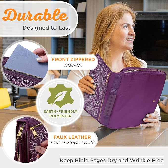 Christian Art Gifts Grace Badge Floral Women's Tri-Fold Organizer Bible Cover Zipper Closure, Purple Canvas, Large