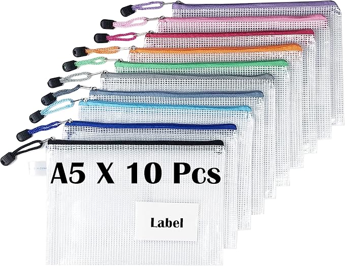 10 Pack A5 Mesh Zipper Pouches with Side Label Holder, Semi‑Clear Organizer Bags for Documents, School Supplies, Travel & Home Organization – 9.5×6.9 Inch