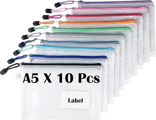 10 Pack A5 Mesh Zipper Pouches with Side Label Holder, Semi‑Clear Organizer Bags for Documents, School Supplies, Travel & Home Organization – 9.5×6.9 Inch