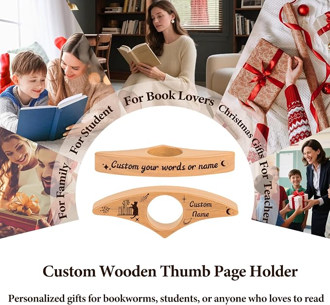 Personalized Book Page Holder,Custom Thumb Book Page Holder for Reading,Wooden Book Thumb Page Holder with Engraved Name/Logo,Bookish Gifts for Book Lovers,Readers (A)