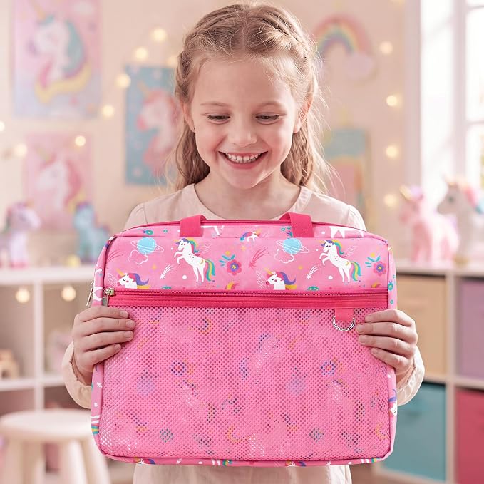 WAWSAM Unicorn Kids Mesh Zipper Pouch, File Organizer Folders with Pocket | 13.78" x 11.42" Waterproof File Folder for Girls with Handle, Document Organizer for School, Books, Travel, Home Storage