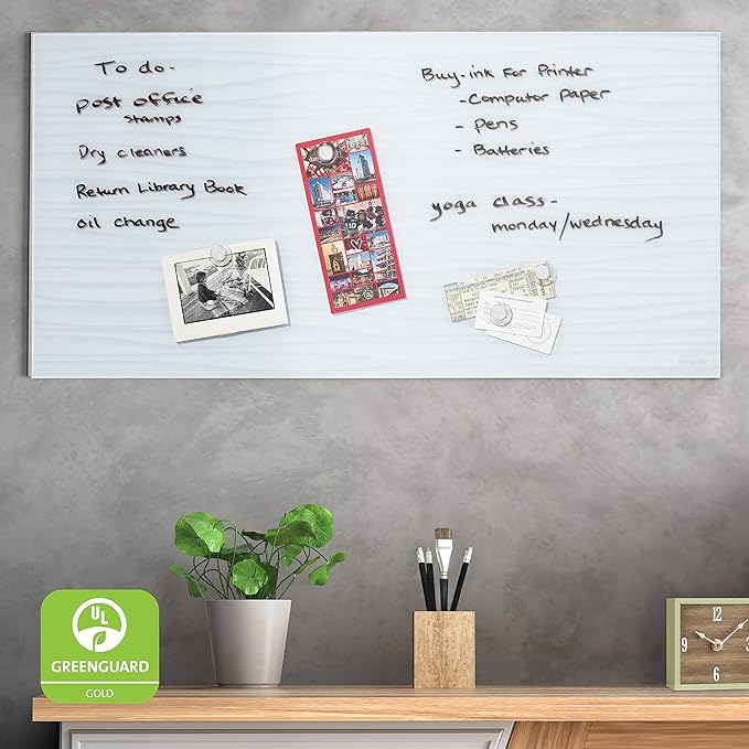 ECR4Kids MessageStor Dry-Erase Glass Board and Magnets, Office Essentials, White Waves