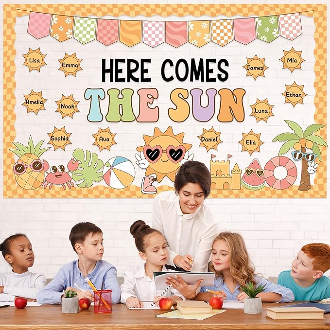 Summer Sun Bulletin Board Set Here Comes the Sun Classroom Decorations Bright Sunshine Name Tags Paper Cutouts Summer Bulletin Board Borders for Tropical Beach Back to School Wall Door Decor