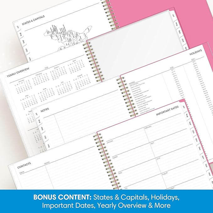 Blue Sky 2026-2027 Weekly and Monthly Academic Year Planner Calendar, July 2026 - June 2027, 8.5" x 11", Flexible Cover, Wirebound, Storage Pocket, Laminated Tabs, Roosevelt Pink
