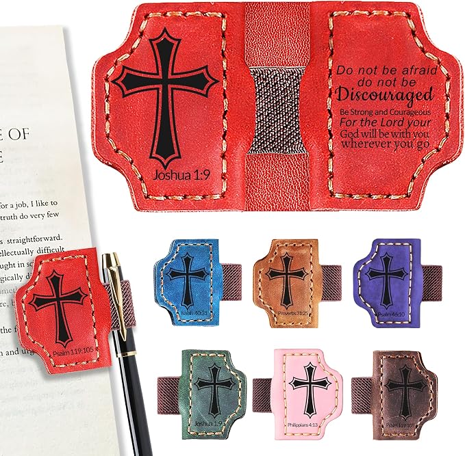 Personalized Magnetic Bookmark with Pen Holder, Bible Verse Scripture Design, Custom Leather Bookmark Bible Study Supplies for Women Men, Christian, Book Lovers Gifts (Red, Joshua 1:9)