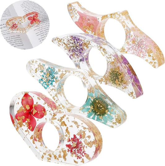 Giantree 4Pcs Dried Flower Book Holder, Handmade Thumb Book Page Holder Resin Clear Floral Book Holder Reading Accessories Ring Book Opener Bookmarks for Teachers Book Lovers