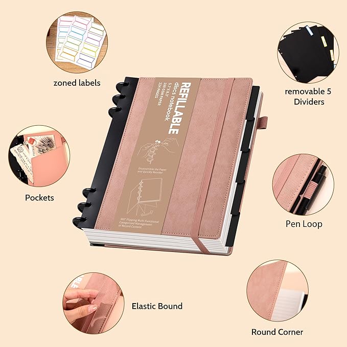 Yoment Refillable Notebooks for Work 5 Subject with Removable Dividers Tabs 224 Pages Hardcover Leather Journals for Writing Small Discbound Planner Colleged Ruled Paper for Women Men 6.1 x 8.3,Pink