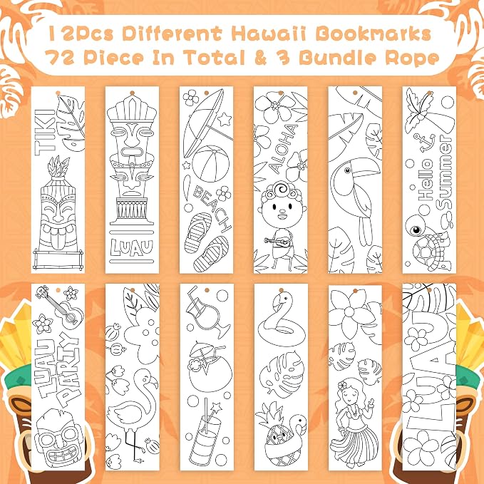Haooryx Color Your Own Hawaii Bookmark -75Pcs DIY Coloring Blank Paper Bookmarks Summer Hawaii Theme Party Game Prize Art Craft Supplies for Kids Birthday Gift Goodie Bag Fillers Classroom Reward