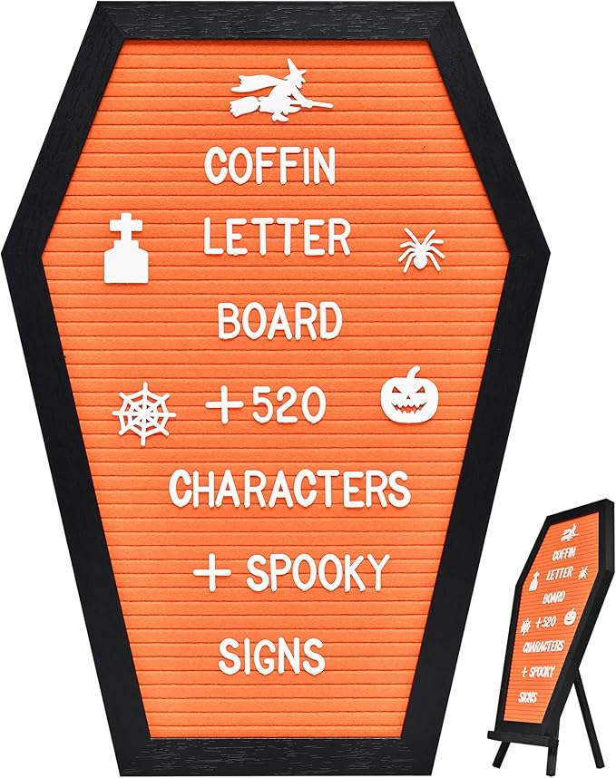 Coffin Letter Board - 520 Characters Spooky Halloween Characters with Wooden Stand and Canvas Bag - 16x11 Inches - Felt Message Board for Home Office Halloween Supplies & Decor (Orange)