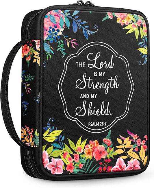 FINPAC Bible Cover, Carrying Book Case Church Bag Bible Protective with Handle and Zippered Pocket, Gift for Mother Lady Women Men, Floral Black