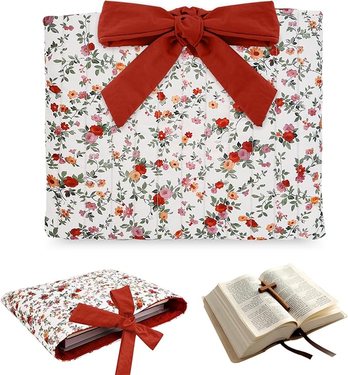 Bible Cover Case for Women,Large Bible Tote Bags for Women Organizer Quilted Bible Carrying Case(new) (Red Flowers)