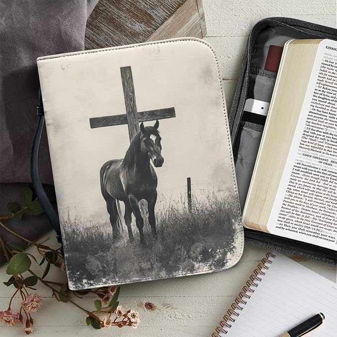 Retro Cross Horse Bible Cover for Women, Soft Leather Bible Case with Zipper Pockets for Pens Waterproof Religious Scripture Carrier for Outdoor Church Events
