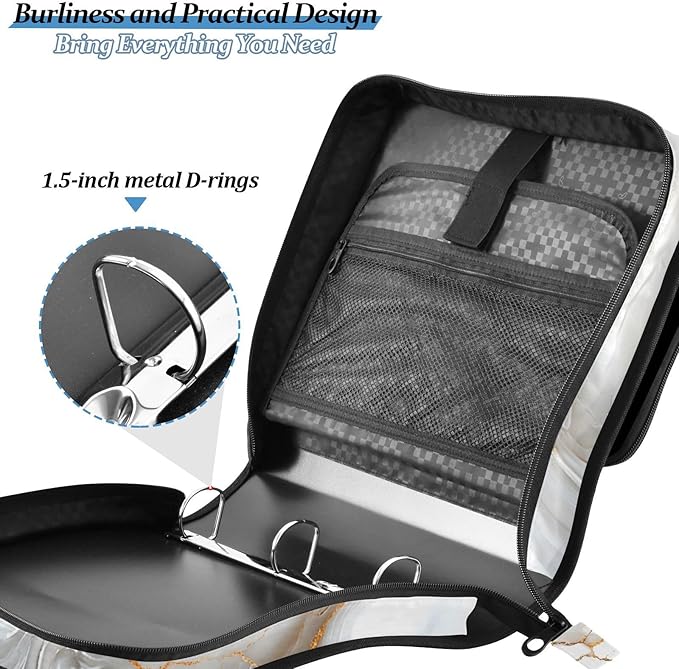 ALAZA White & Gold Marble 3 Ring School Zipper Binder Bag Expanding File Folder Case Briefcase with Shoulder Strap