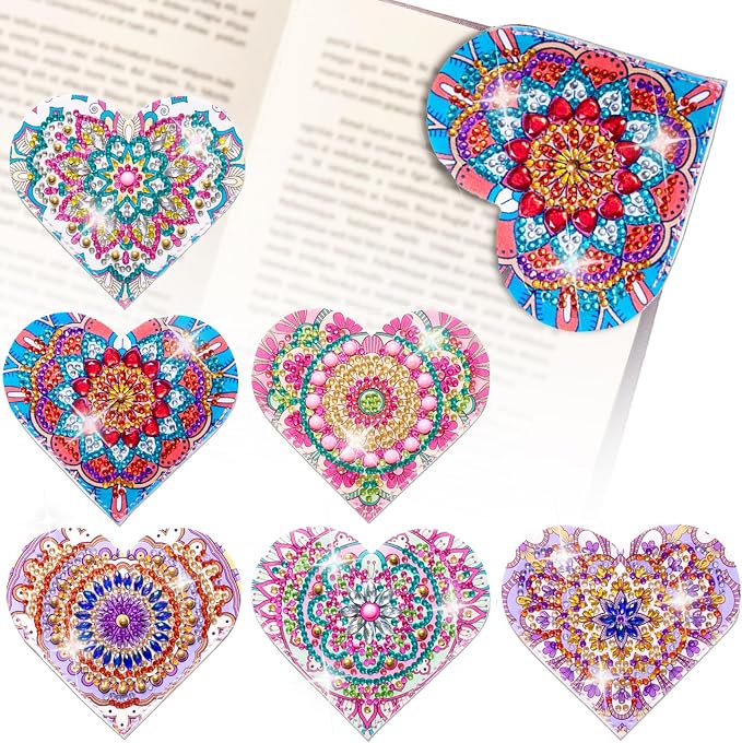6 Pcs Diamond Painting Bookmark, DIY Corner Book Makers for Adults Book Lovers, Diamond Dot Art Beginner, Small Diamond Art Kits, Paint by Art Crafts Gift for Women Girls (Heart Mandala 6)
