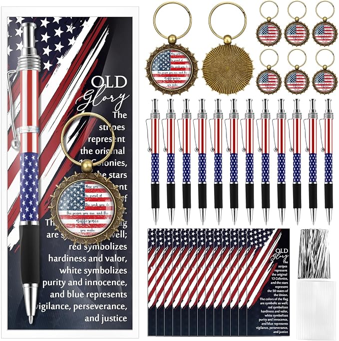 Sayglossy 24 Sets 4th of July Gifts Bulk American Patriotic Flag Ballpoint Pens Inspirational Keychains and Bookmarks for 250th Anniversary Independence Day Party Supplies