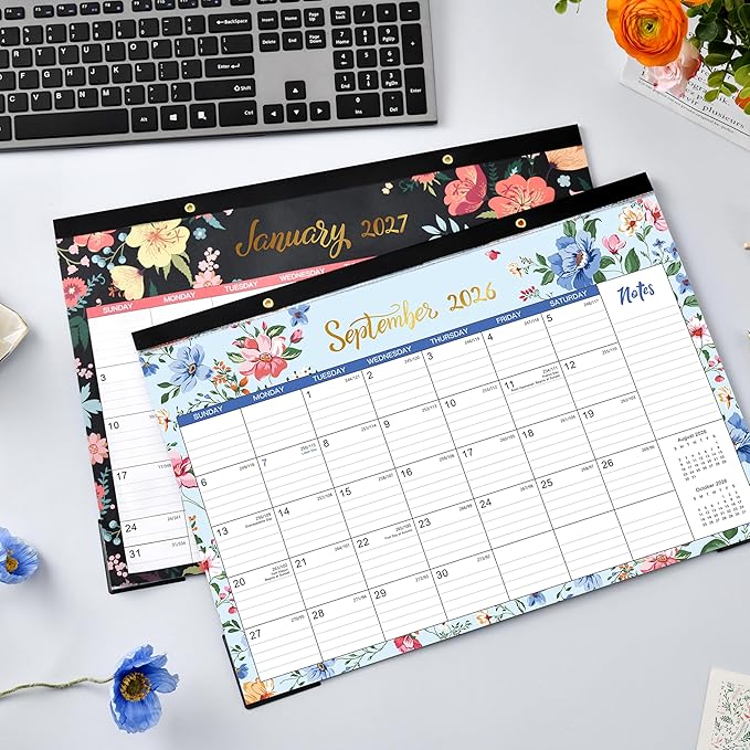 Desk Calendar 2026-2027 - 18 Monthly Desk/Wall Calendar, Jul. 2026 - Dec. 2027, 17" x 12", Thick Paper with Corner Protectors, Large Ruled Blocks - Floral