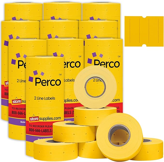 Perco 2 Line Yellow Labels - 80 Rolls, 10 Sleeves, 80,000 Blank Price and Date Gun Labels for Perco 2 Line Price and Date Guns - Made in USA