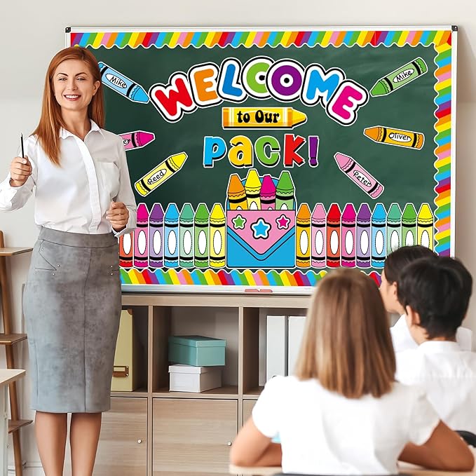 Justforjoyful Welcome to Our Pack Bulletin Board Decorations Back to School Crayon Theme Classroom Bulletin Board Border Set Colorful Crayons Name Tags for School Teacher Supplies Home Wall Decor