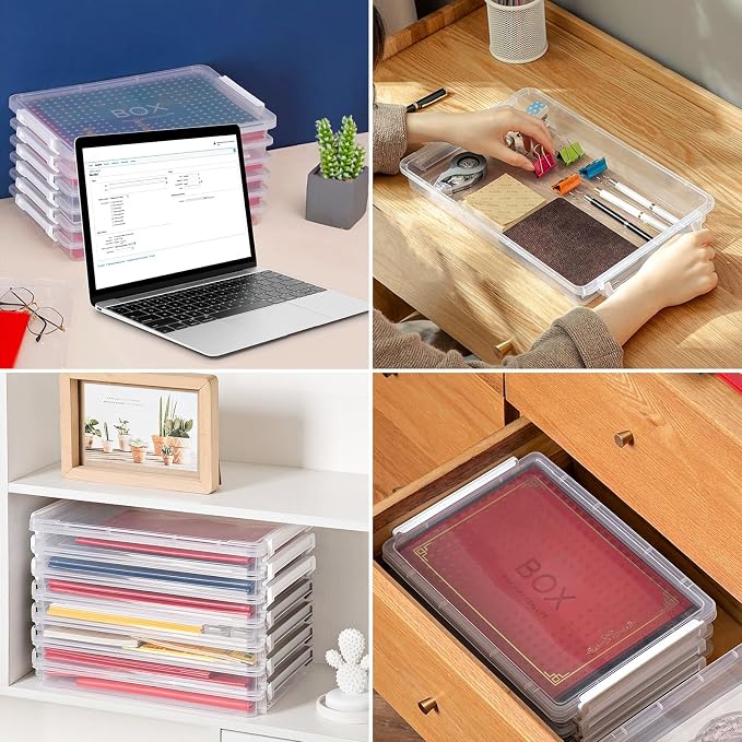 LOEQIAN 3 Pack Plastic Organizer Bins With Lids, A4 File Storage Boxes Stackable, Clear Flat Storage Box for Organizing A4 Paper, Photo, Document, Home, School, Office Supplies Accessories