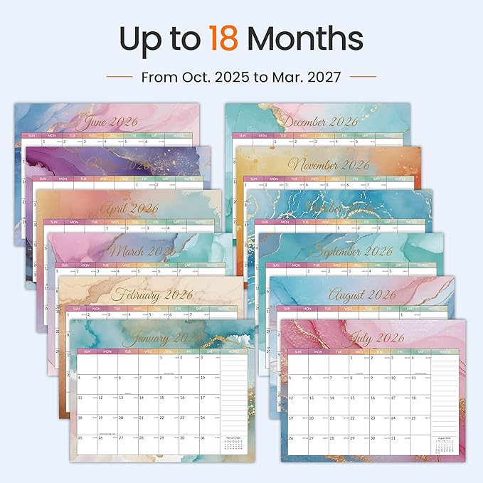 SUNEE 2026 Wall Calendar- 18 Months Calendar Oct. 2025 - Mar. 2027, 11"x8.5" Big Grid Hanging Calendar with Note for Organizing & Planning,