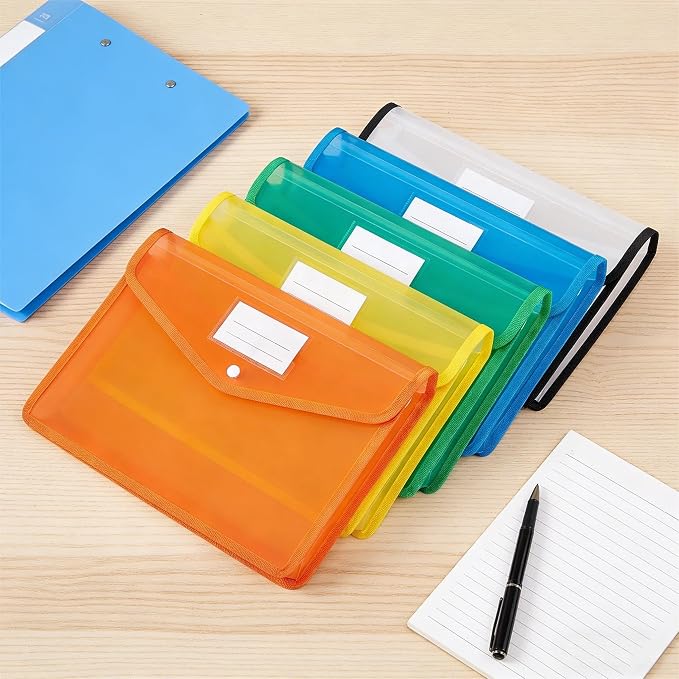 Plastic Expanding File Folder - Waterproof Transparent Expandable File Folder for Documents with Snap Closure, Colorful Organizer Holder for School Office Business Fit Letter/A4 Size - 5 Packs