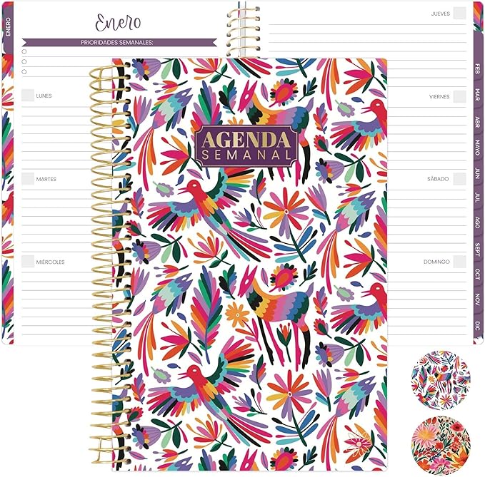 bloom daily planners UNDATED Spanish Calendar Year Day Planner - Passion/Goal Organizer - Start Anytime Monthly & Weekly Agenda Book with Tabs (January to December) - 5.5" x 8.25" - Otomi Embroidery