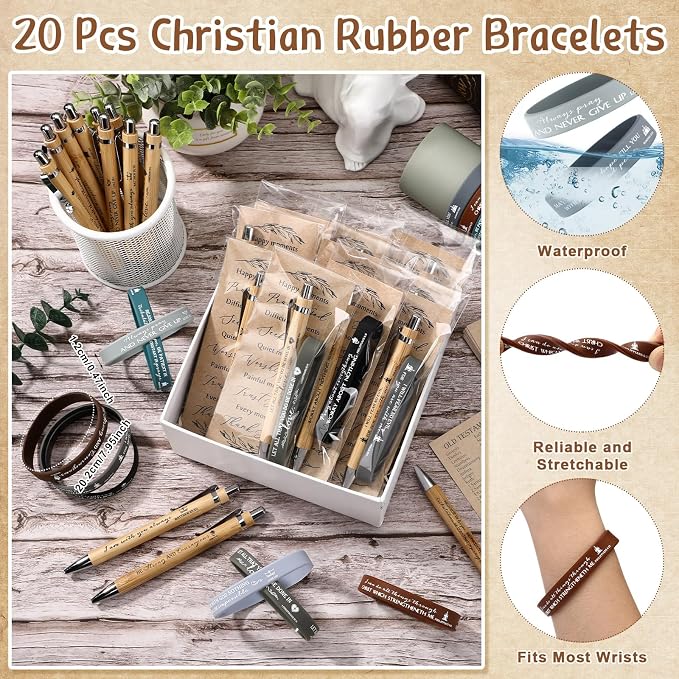 Feifeiya 20 Set Father's Day Church Gifts Bulk Bible Verse Pens with Scripture Bracelets & Religious Bookmarks, Fathers Day Christian Gifts for Men Dad Sunday School Study Bible Devotional Supplies