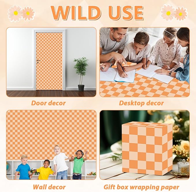Hippie Orange Checked Bulletin Board Paper Roll Retro Orange Bulletin Board Background Paper Back to School Classroom Decor Poster for Art Craft DIY Project Home Office Party Supplies 17.7in x 20ft