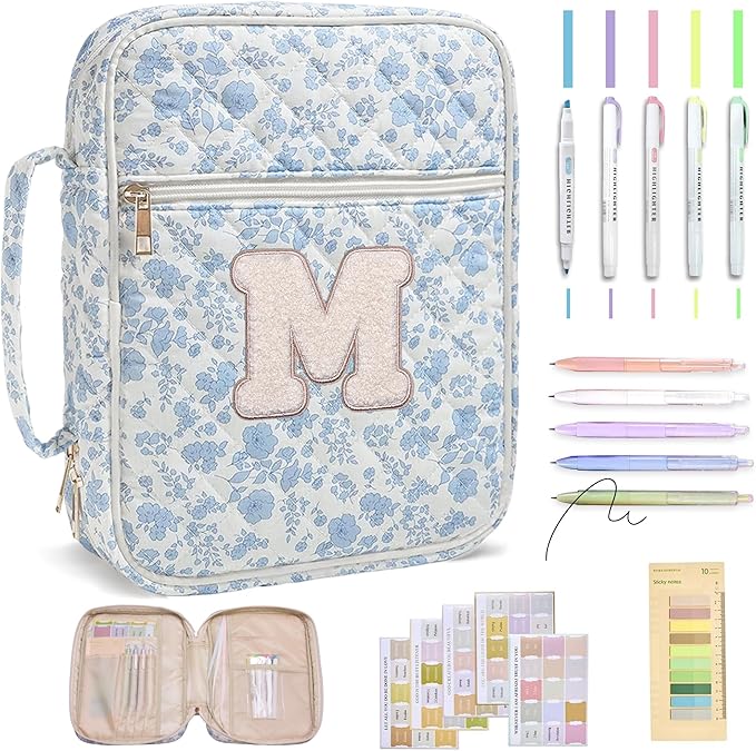 Personalized Initial Bible Cover Case for Women – Large Quilted Bible Bag with Handle, Chenille Letter, Bible Study Kit, Christian Gift for Mom, Grandma & Daughter (Blue Floral-M)