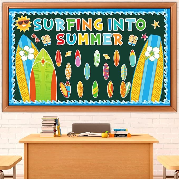 Summer Classroom Bulletin Board Decorations Surfboard Surfing Bulletin Board Set Surfing Into Summer Paper Cutouts for Surfboard Sign Teacher SClassroom School Home Kindergarten Supplies