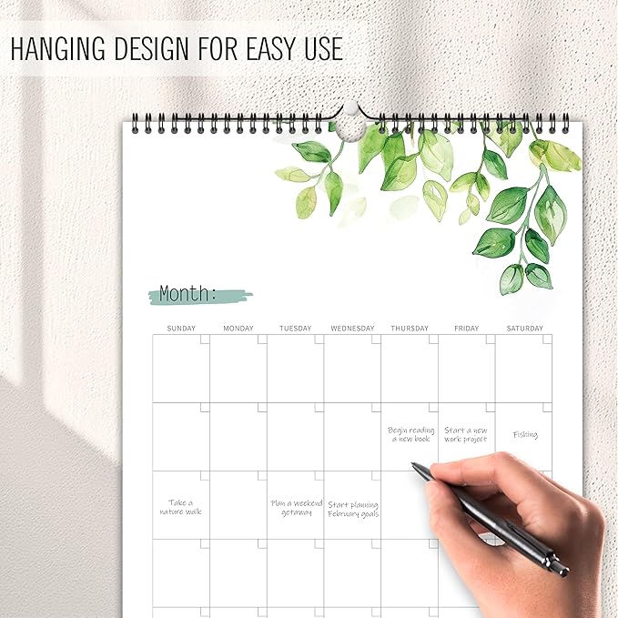 Aesthetic Wall Calendar, Blank Monthly Weekly Wall Calendar, 14.5"x 11.5", Undated Monthly Planner Note Pad for Organizing Home Office, Green Leaves
