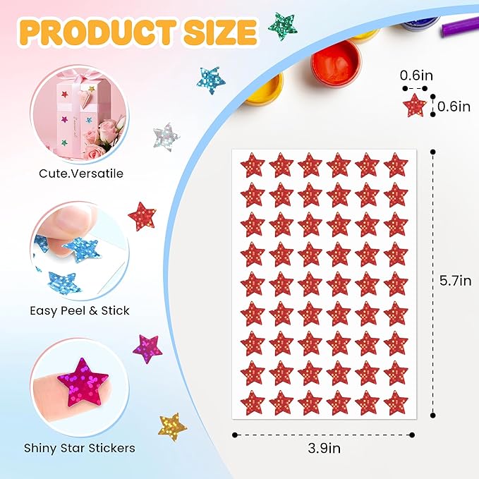 1,620 Holographic Glitter Star Stickers 0.6", 6 Colors Self-Adhesive Mini Stickers for Kids, Classroom, Teacher Supplies, Behavior Charts, Planner, Scrapbooking, Holiday, Party Favors and DIY Crafts