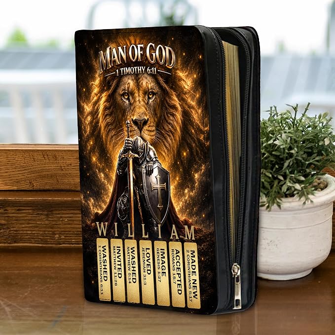 Personalized Man of God Bible Cover for Men, Christian PU Leather Bible Case with Handle Zipper, God Says I Am Warrior Scripture Bible Holder, Religious Gift for Men (Man of God Bible Verse)