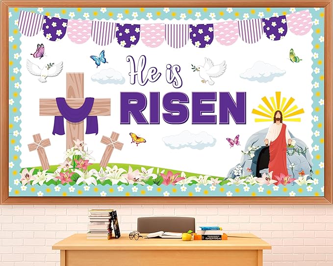 Easter Bulletin Board Decorations He is Risen Bulletin Board for Church Christian Jesus Classroom Decoration Spring Risen Cross Cutouts for Religious Sunday School Class Church Chalkboard Wall Decor